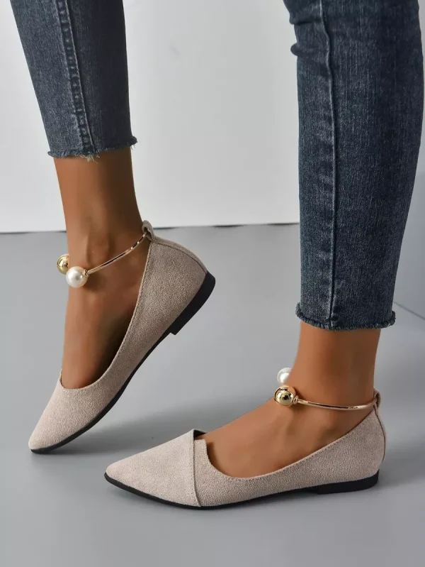 Women Faux Pearl Decor Point Toe Ankle Strap Flats, Elegant Apricot Faux Suede Pumps