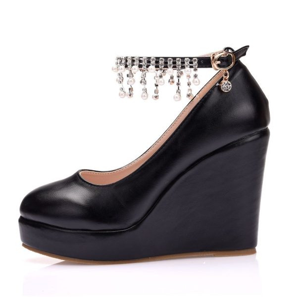 Women Round Toe Pearls Beads Tassel Wedge Heel Platform Pumps - Black / 33
