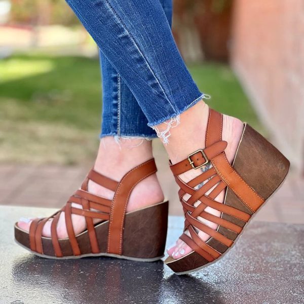 Brown Vintage Wedge Sandals Open Toe Strappy Platform Heels US 11.5 / EU 41.5-Brown