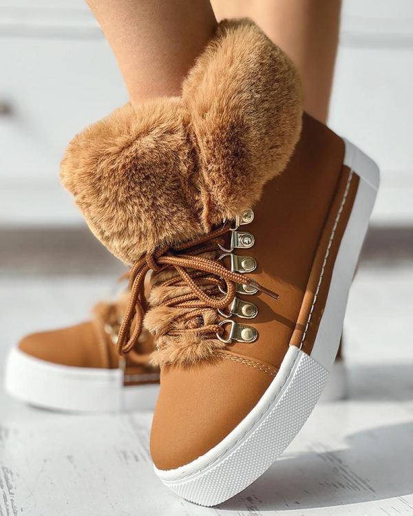 Lace up Fuzzy Detail Lined Ankle Boots - pink / US8.5