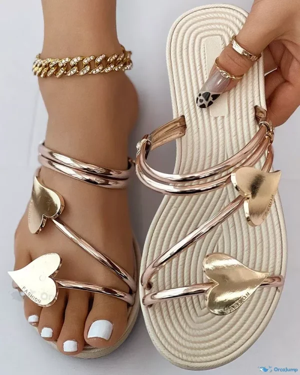 OrcaJump - Sandalias de playa premium con estampado de corazones y tiras múltiples - oro rosa, US10
