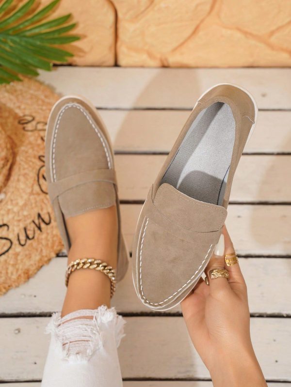 Women's Slip-On Loafer Shoes, Brown & Khaki PU Leather, Metal Rhinestone Chain Decor, Versatile & Comfortable Moccasins Suitable For Outdoor, Spring/Summer