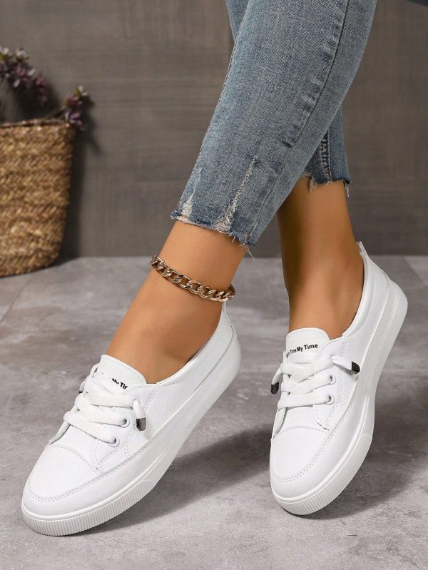 Women's Plus Size White Casual Sneakers, School Shoes, Fashion Flat Lace-Up Trainers, Versatile Athletic Shoes