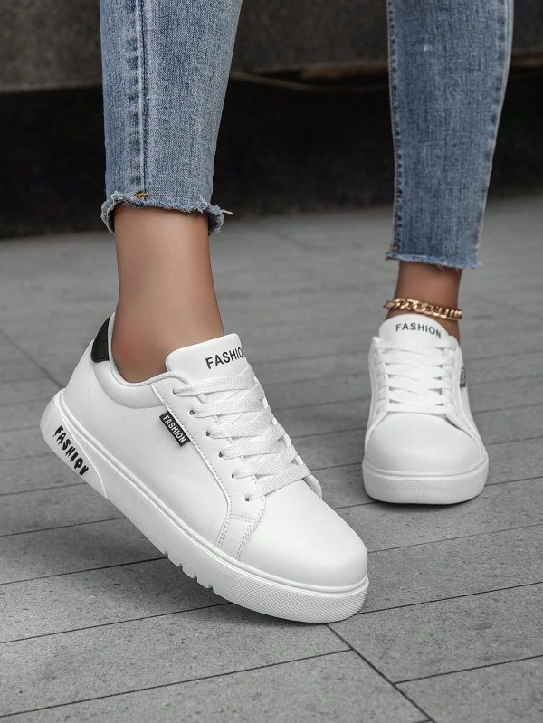 Women's Minimalist Letter Decor Low-Top Lace-Up Casual Sneakers, Daily Commute, Student, Plus Size, Unisex, Versatile, White Shoes