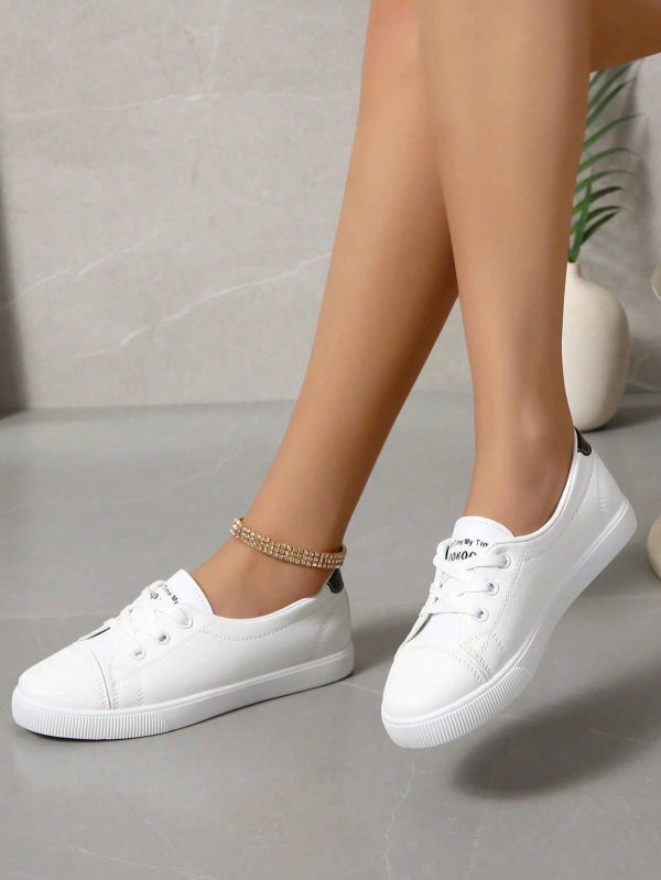 Plus Size Women All-Match White Sneakers, Casual Lace-Up Flat Sports Shoes, Versatile Student/School Wear