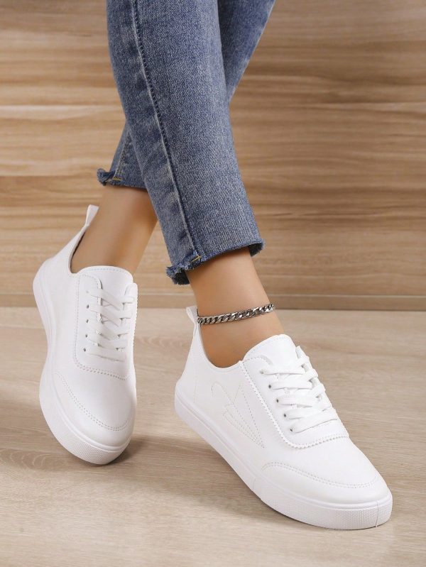 Women White Shoes - British Style Pure White Lace-Up Sports Shoes, Round Toe Low-Cut Flat Skate Shoes, Fashion Breathable Slip Resistant Student Shoes