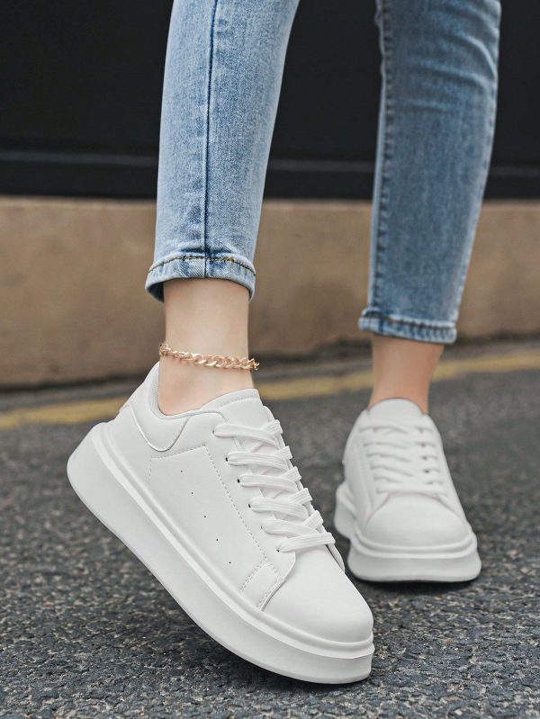 Women's Minimalist White Patchwork Lace-Up Platform Sneakers, Thick Sole Anti-Slip Casual Outdoor Daily Couple College Style Sport Shoes