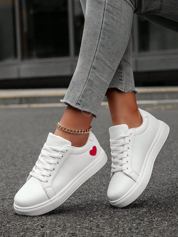 Women's New Fashion Minimalist Patchwork Flat Anti-Slip Casual Sneakers, Versatile For Daily Wear, Students & Couples, Comfortable Heart Print Solid Color Shoes