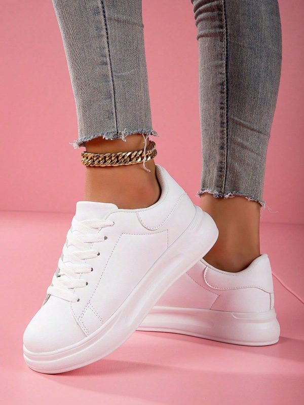 New Women Thick Sole Sneakers, Solid Color Lace Up Outdoor Skate Shoes, Soft Breathable Soles, Casual Sports Shoes, Fashion Low-Top White Shoes, All Season
