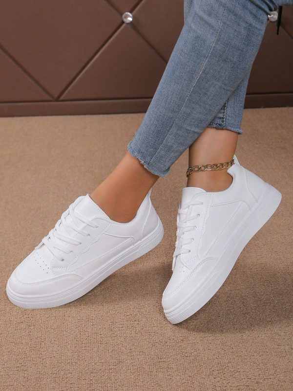 Women's Lace-Up Casual Sports Shoes, Fashion Versatile Comfortable White Shoes, Collegiate Style Solid Color Flat Outdoor Skateboard Sneakers, Spring/Autumn