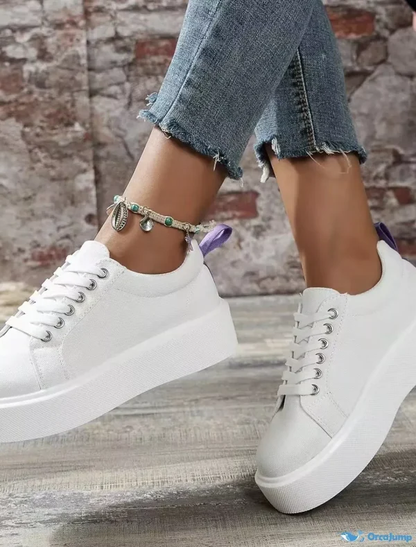 OrcaJump - Womens Plus Size Platform White Sneakers Flat Heel Round Toe Canvas Walking Shoes Lace Up Fall Winter Solid White Color - White, 43
