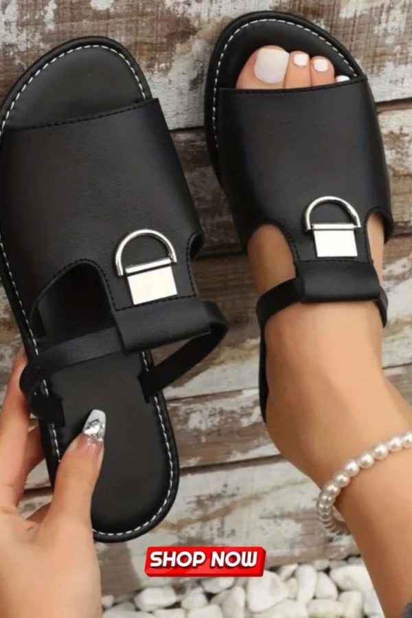Women's Flat Slide Sandals, Fashionable Open Round Toe Non Slip Slides Shoes, Outdoor Beach Slides