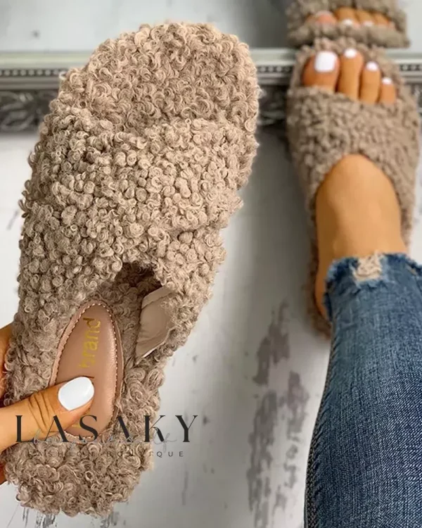 Lasaky - Premium Solid Fluffy Crisscross Flat Sandals with Stylish Design - Apricot, US9.5