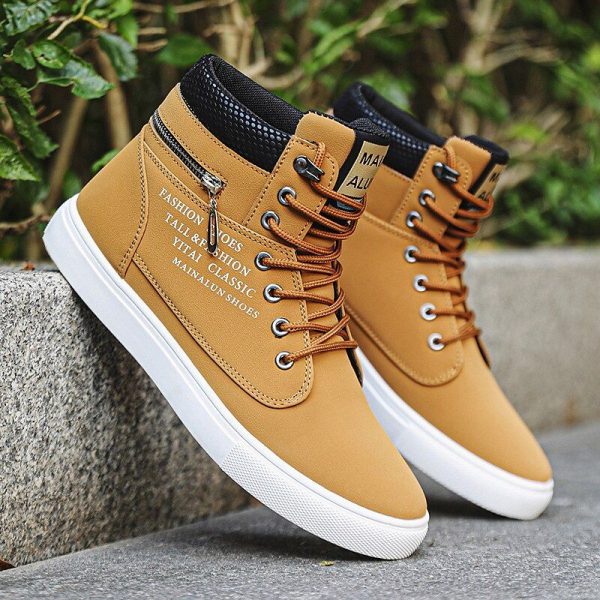 Men's Red High-Top Sneakers – Lace-Up Casual Ankle Boots with Zipper Detail and Stylish Print