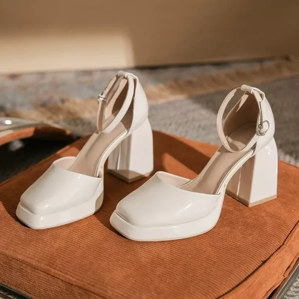 Lasaky - Waterproof Platform Chunky Heel Sandals with Super High Heel Open Square Toe Single Shoe Patent Leather Strap - Beige White, 40