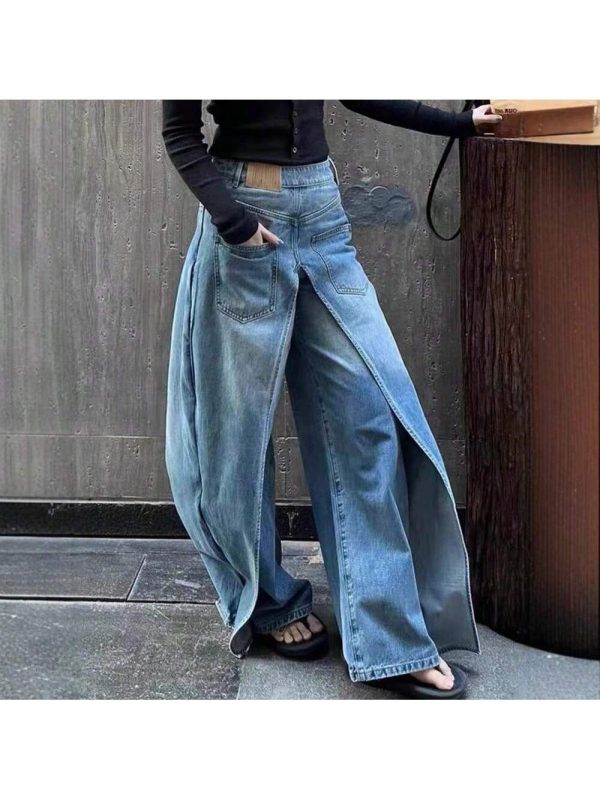 American Retro Deconstruction Style Front And Back Two Wearing Jeans Women's Y2k High Street Design Sense Lengthened Casual Wide-Leg Pants
