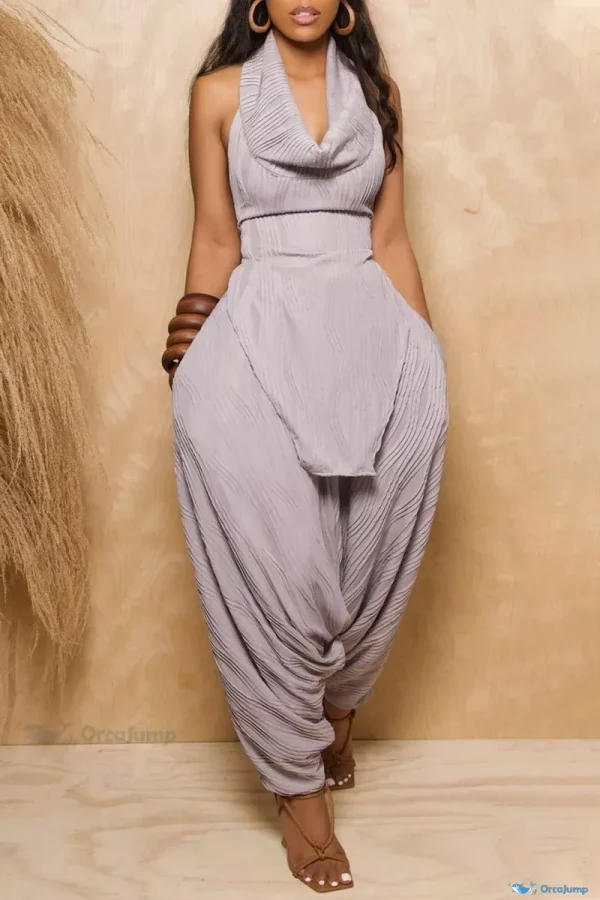 OrcaJump - Modern Green Street Frenulum Backless Slit Fold Halter Sleeveless Two-Piece Ensemble - Purple, L