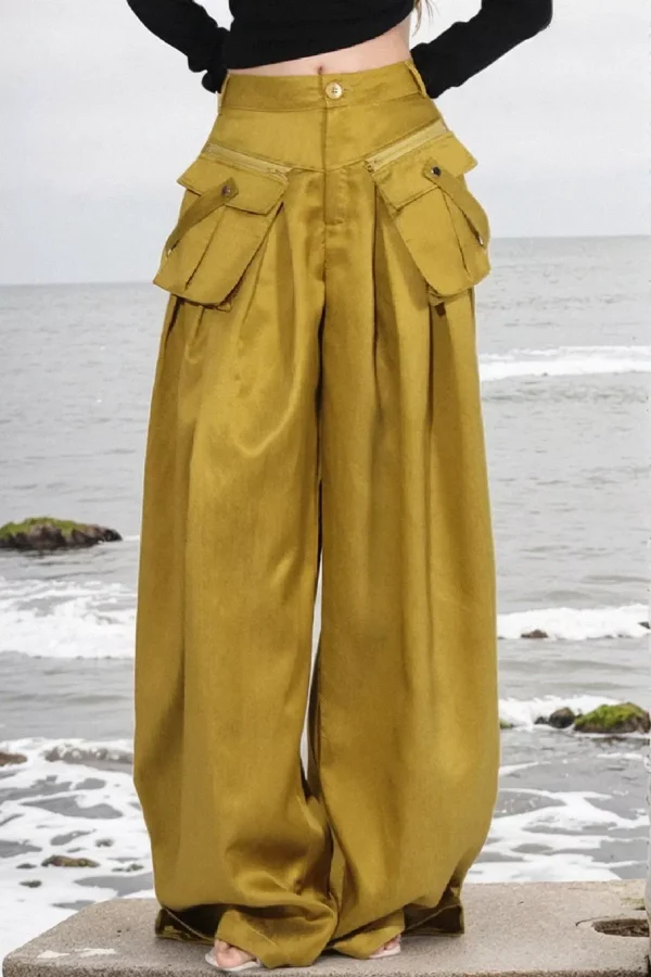 Lasaky - Full-Length Ruched Cargo Pants with Wide Legs and Versatile Pockets - Chartreuse, L