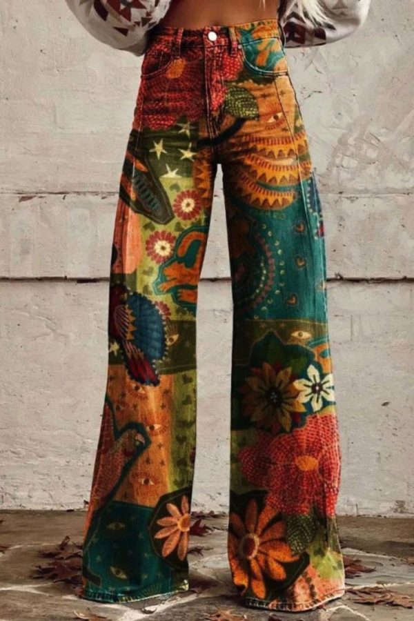 Women's Vintage Print Casual Wide Leg Pants Jeans