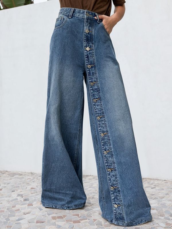 High Waisted Loose Buttoned Pockets Jean Pants Bottoms BLUE-XL