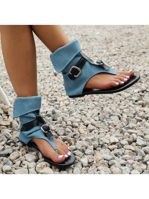 Toe Clip Flat Sandals For Women 2025 Summer New Denim Belt Buckle Large Size High Top Sandals For Women