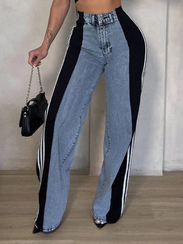 Womens Jeans With Patchwork Stripes High Waisted Stretchy Denim Color Block Straight Wide Leg Jean