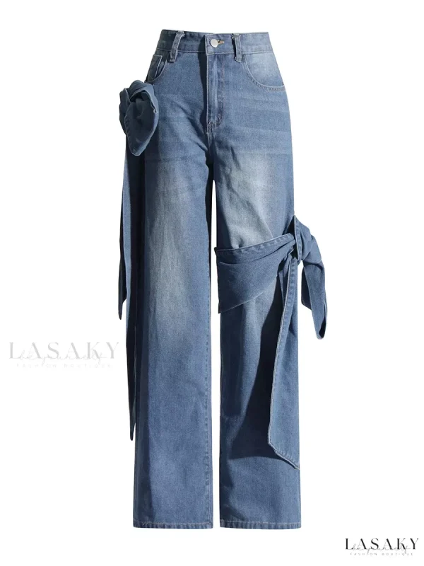 Lasaky - Stylish Patchwork Butterfly Bow Loose Straight-Leg Denim Jeans with Designer Appeal - Blue, XL