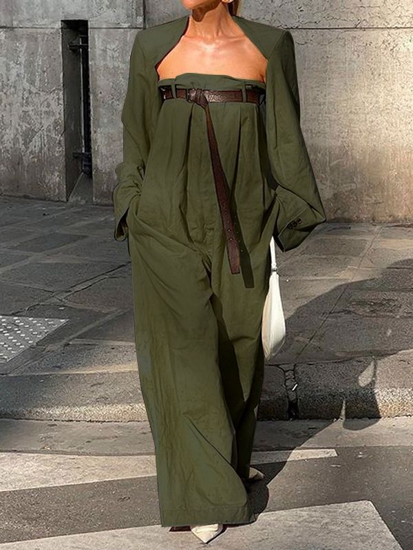 Buttoned Long Sleeves Collarless Outerwear Top + Wide Leg Belted Jumpsuits Two Pieces Set ARMY GREEN-M