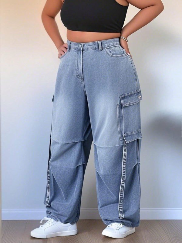 Denim Jeans For Women's Plus Size High Waisted Wide Leg Pocket Washed Denim Pant
