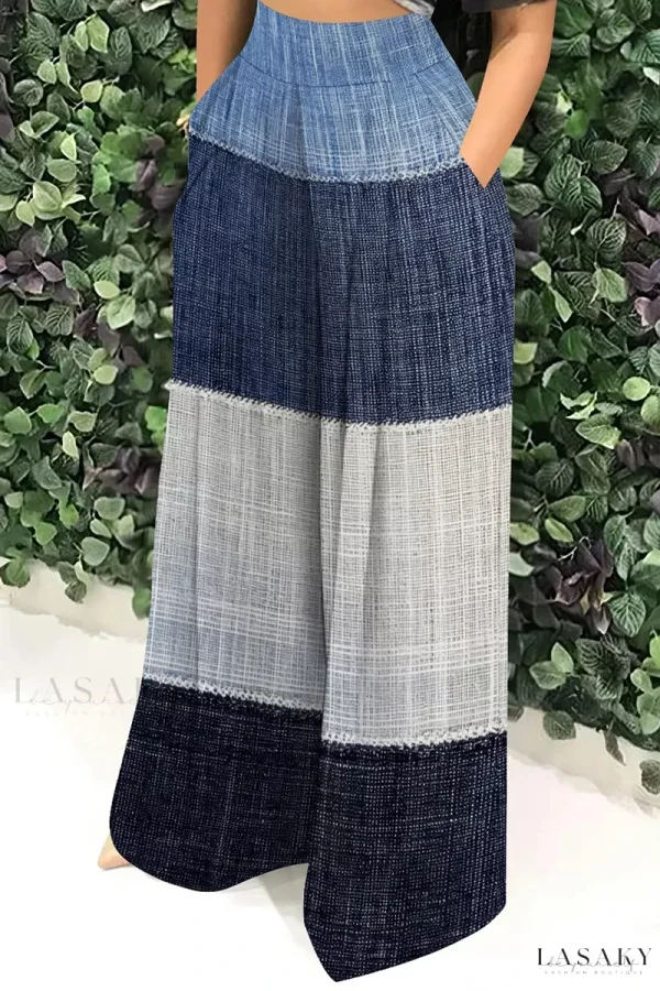 Lasaky - Graphic Print High Waist Wide Leg Pants for Women - Loose Fit Design - Blue White, S