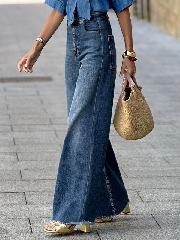 High Waisted Straight Leg Gradient Split-Joint Jean Pants Bottoms BLUE-S