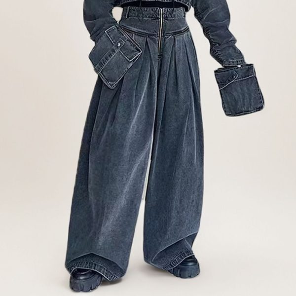 Zingj Overalls Style 2025 Fall Lapel, Long-Sleeve Jacket, High Waist, Large Pocket, Wide-Leg Pants, Denim Suit Dark Gray Pants-S