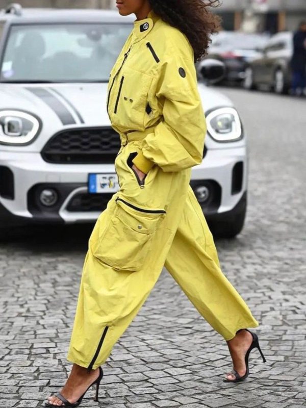 Color Block Spring/Fall Urban Polyester Mid Waist Long Sleeve Long X-Line Pocket Stitching Jumpsuits for Women