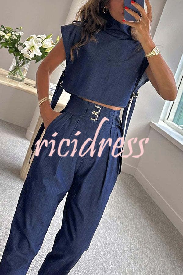 Posie High Neck Side Straps Top and Cargo Belt Pocketed Pants Set
