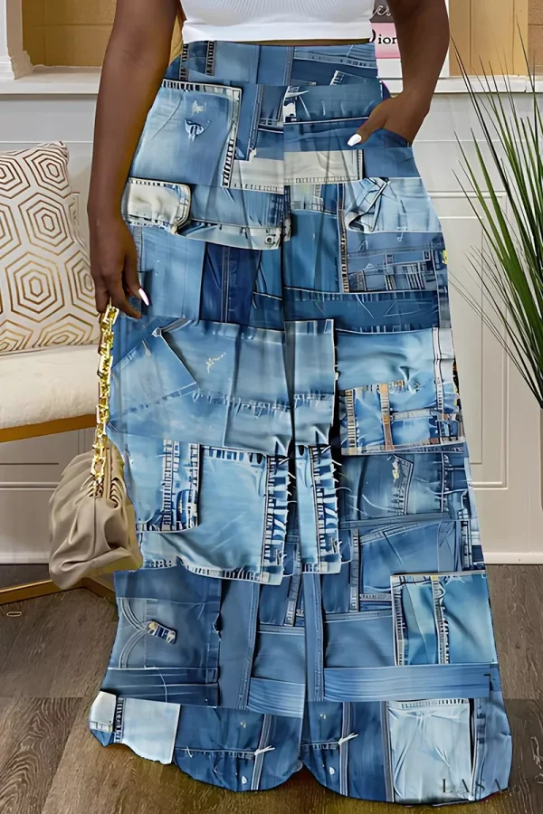 Lasaky - Light Blue Denim Print High Waist Wide Leg Jeans Alternative - Light Blue, L