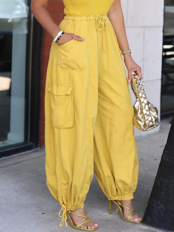 Women Casual Plain Spring/Fall Cotton Daily Loose Elastic Waist Long 2 Side Pockets Cargo Pants