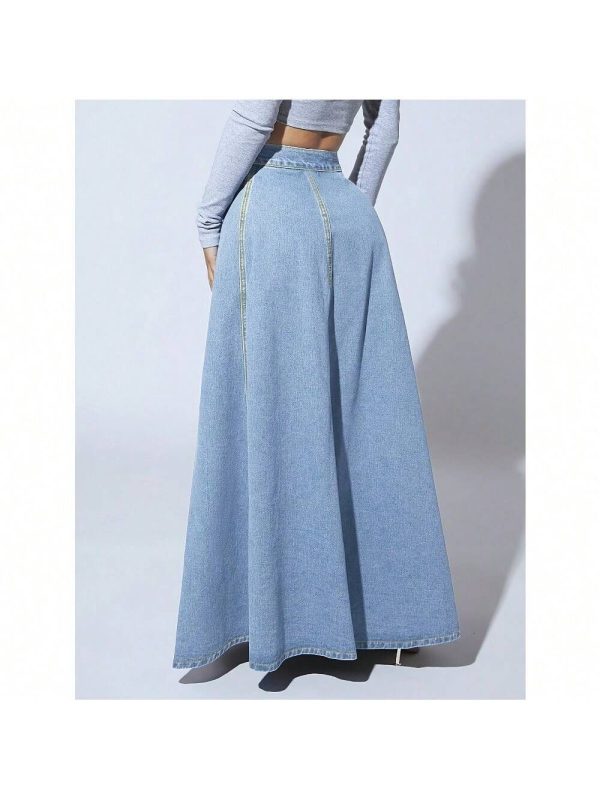 Local Shipping-Single-Breasted Button Front, Wide Flared Leg, Machine Washable Long Length For Spring Summer Fall, Elegant Casual & Formal Wear, Seasonal Fashion | Structured Design, Denim Skirt, Women's High-Waisted Retro Denim A-Line Skirt -
