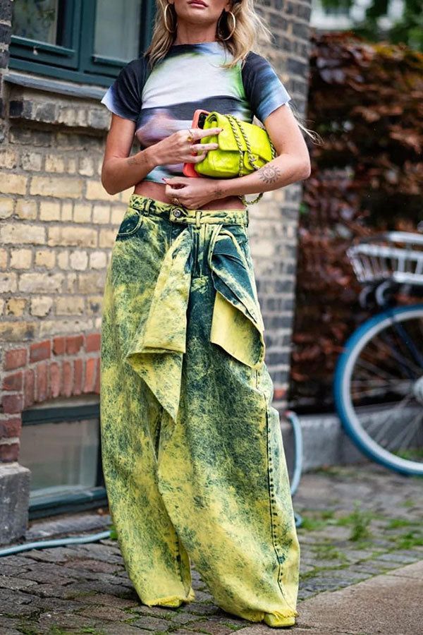 hulianfu Tie Dye Hippy Wide Leg Jeans - Green / 2XL