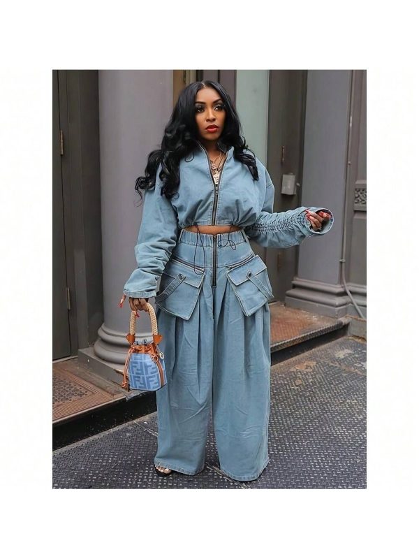 Local Shipping-Two Piece Sets For Women Dressy,Women'S Y2K-Style Denim Two-Piece: Light Blue Pleated Long-Sleeved Zip-Up Short Jacket And Wide-Leg Pants,