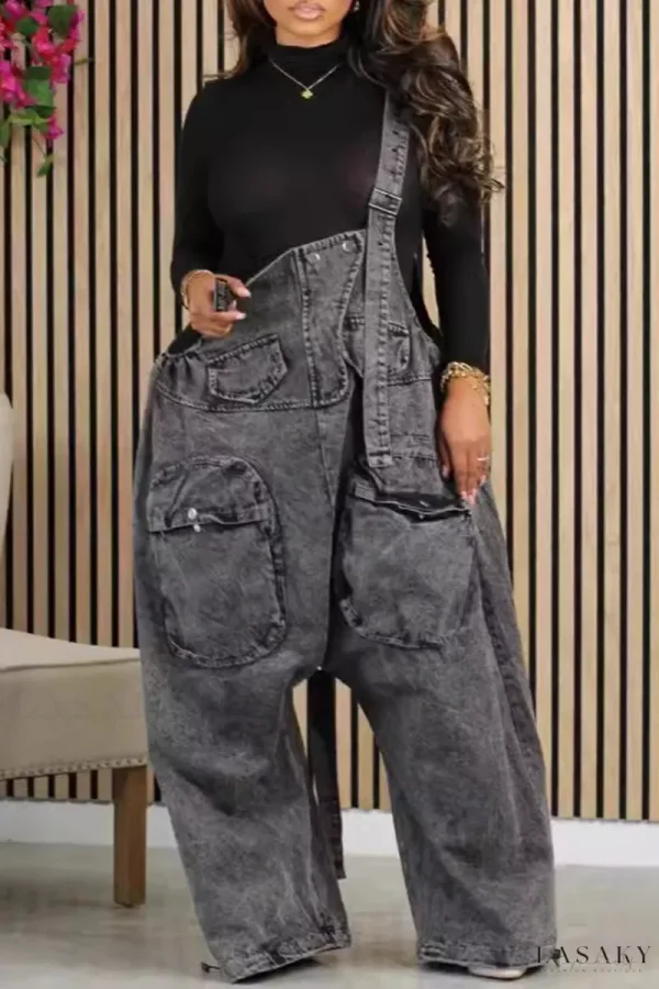 Lasaky - Urban Chic Patchwork Pocket Loose Fit High-Rise Wide Leg Trousers in Solid Color