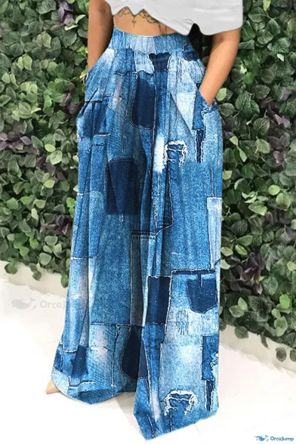 OrcaJump - Blue Patchwork Print High Waist Wide Leg Trousers with Full Print Design - Blue, XL