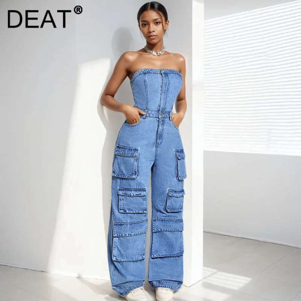 DEAT 2024 Winter New Items Fashion Pockets Denim Straight Leg Jumpsuit For Women High Waist