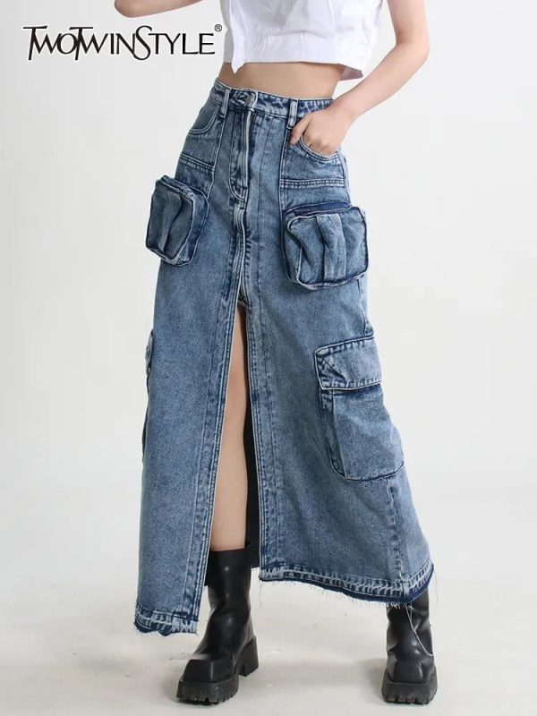 TWOTWINSTYLE Split Denim Skirts For Women High Waist Patchwork Pocket Temperament Solid Skirt Female Autumn Fashion Style New - Blue / M