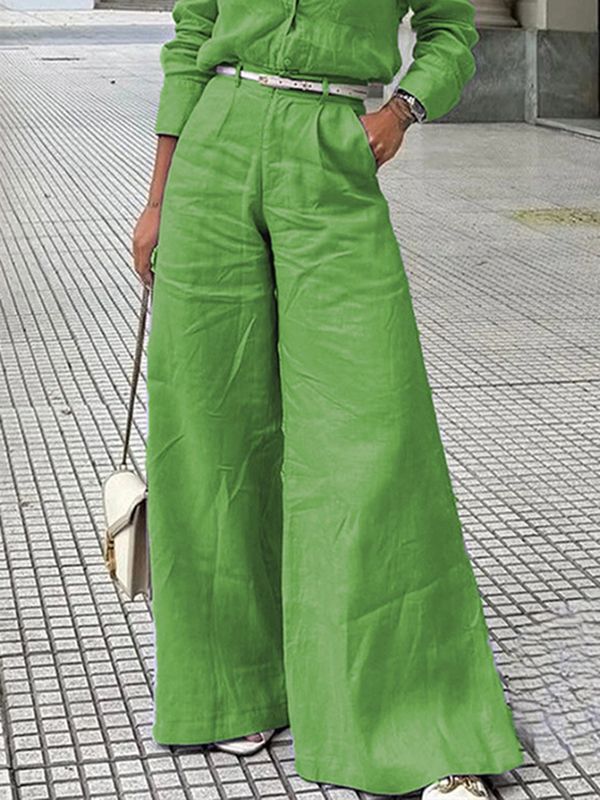 High Waisted Loose Solid Color Split-Joint Pants Trousers GREEN-M