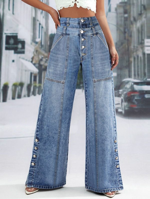 High Waist Wide Leg Jeans Women Fashion High Waist Button Wide Leg Long Pants Loose Slimming