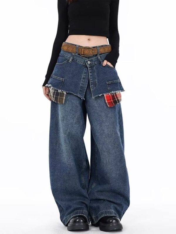 2025 Ropa Y2K Streetwear Plaid Patchwork Baggy Stacked Jeans Pants For Women Clothing Vintage Blue