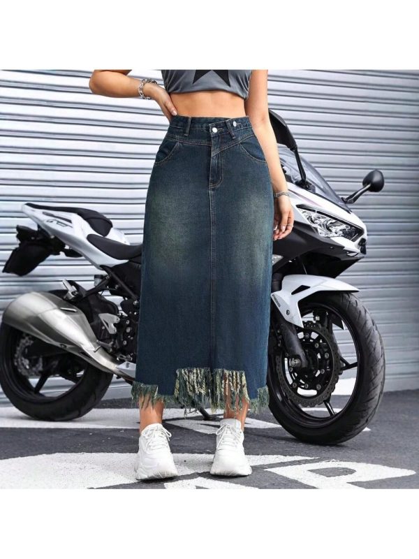 Women's Vintage High Waist Fringe Denim A Line Skirt Midi Bodycon Jeans Skirt Retro Casual Comfortable