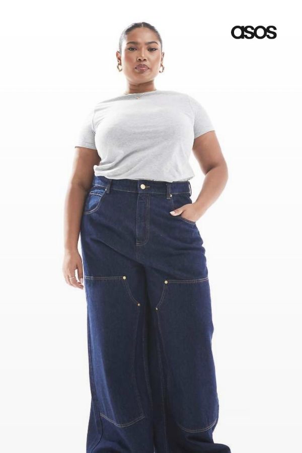 ASOS DESIGN Curve wide leg workwear jeans in inky wash-Blue