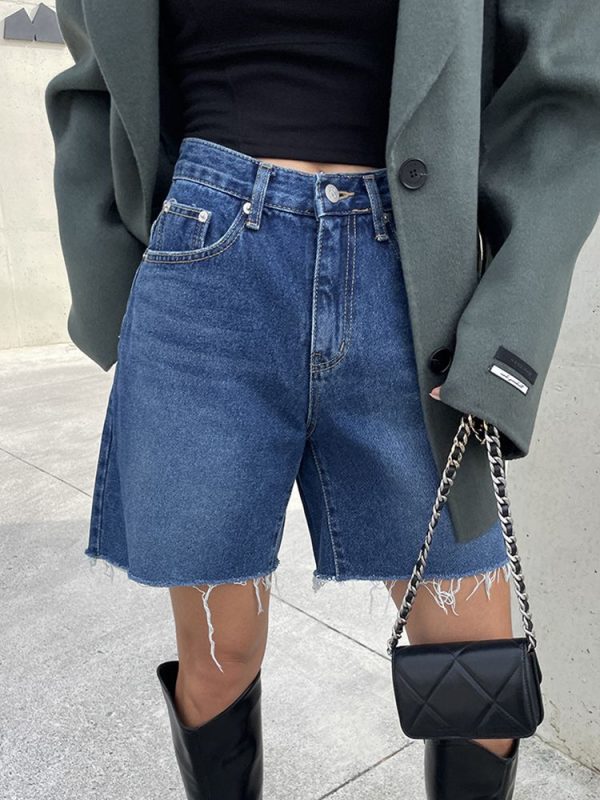 New 2024 Summer High Waist Denim Shorts For Women Pockets Burrs Blue Color Short Jeans Women