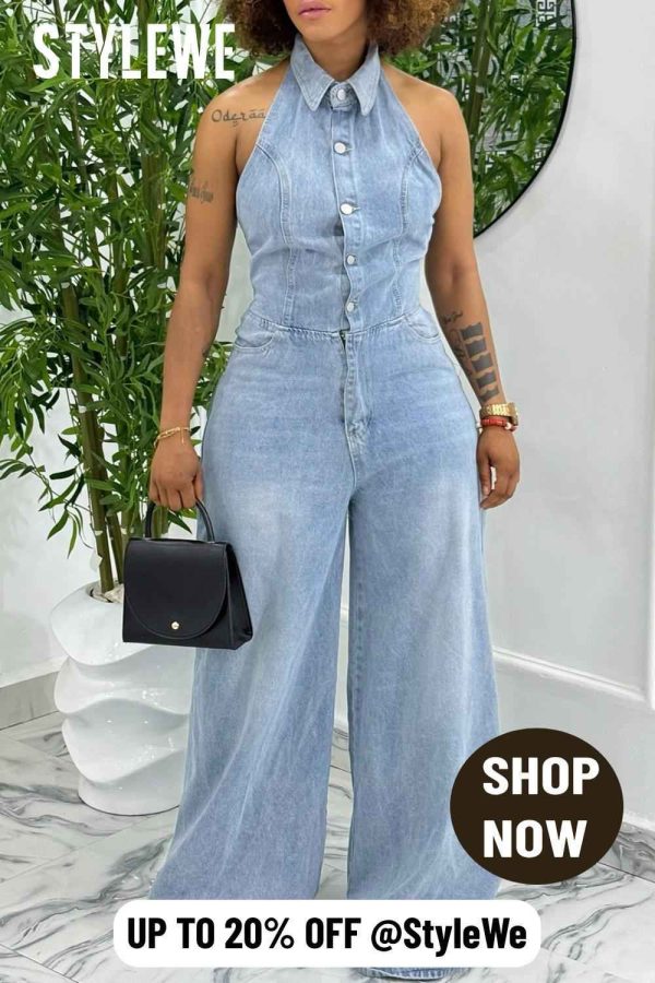 Plain Denim Urban Sleeveless Jumpsuit